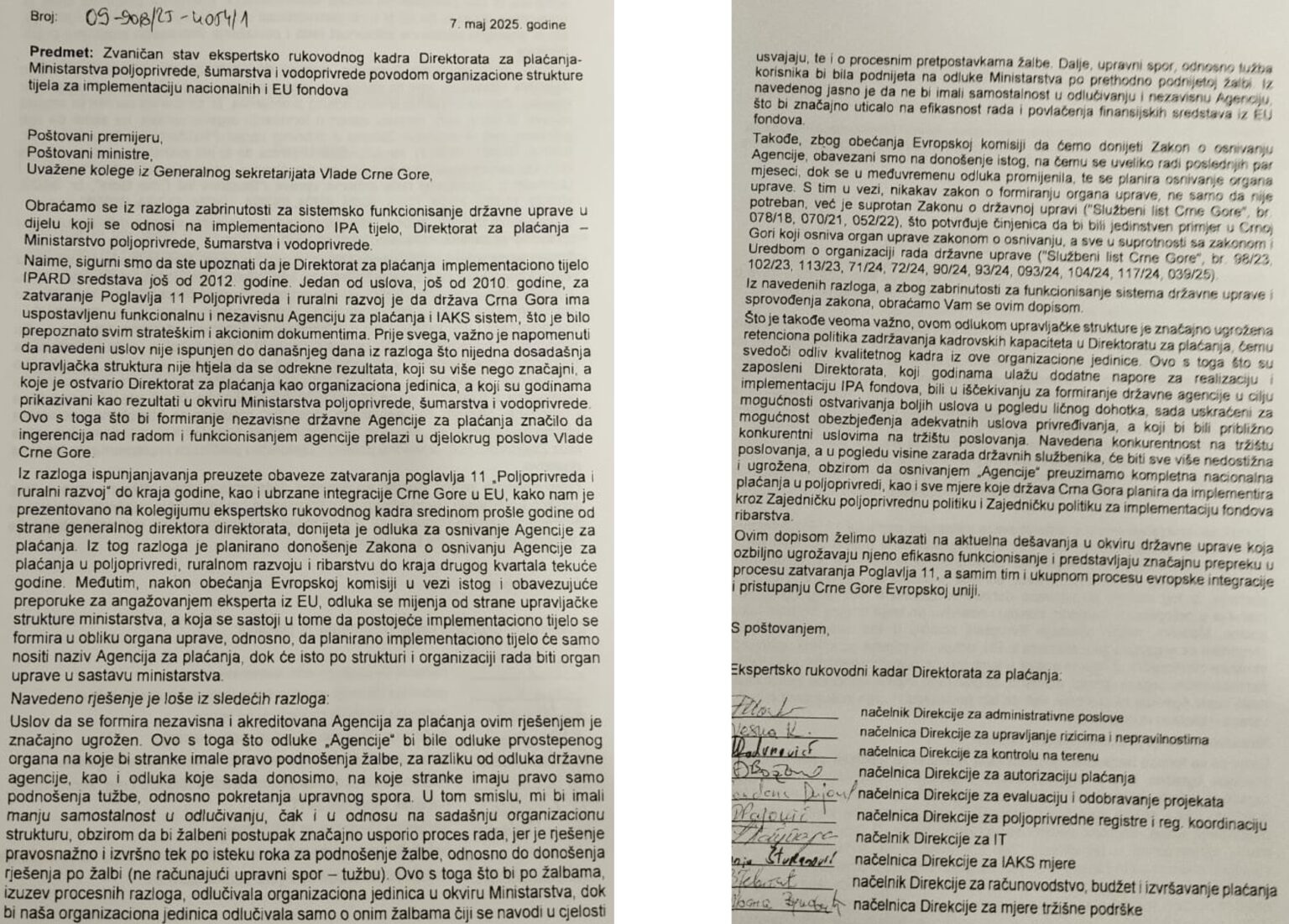 Dopis Ekspertskog rukovodnog kadra sa potpisom deset direktora Direktorata