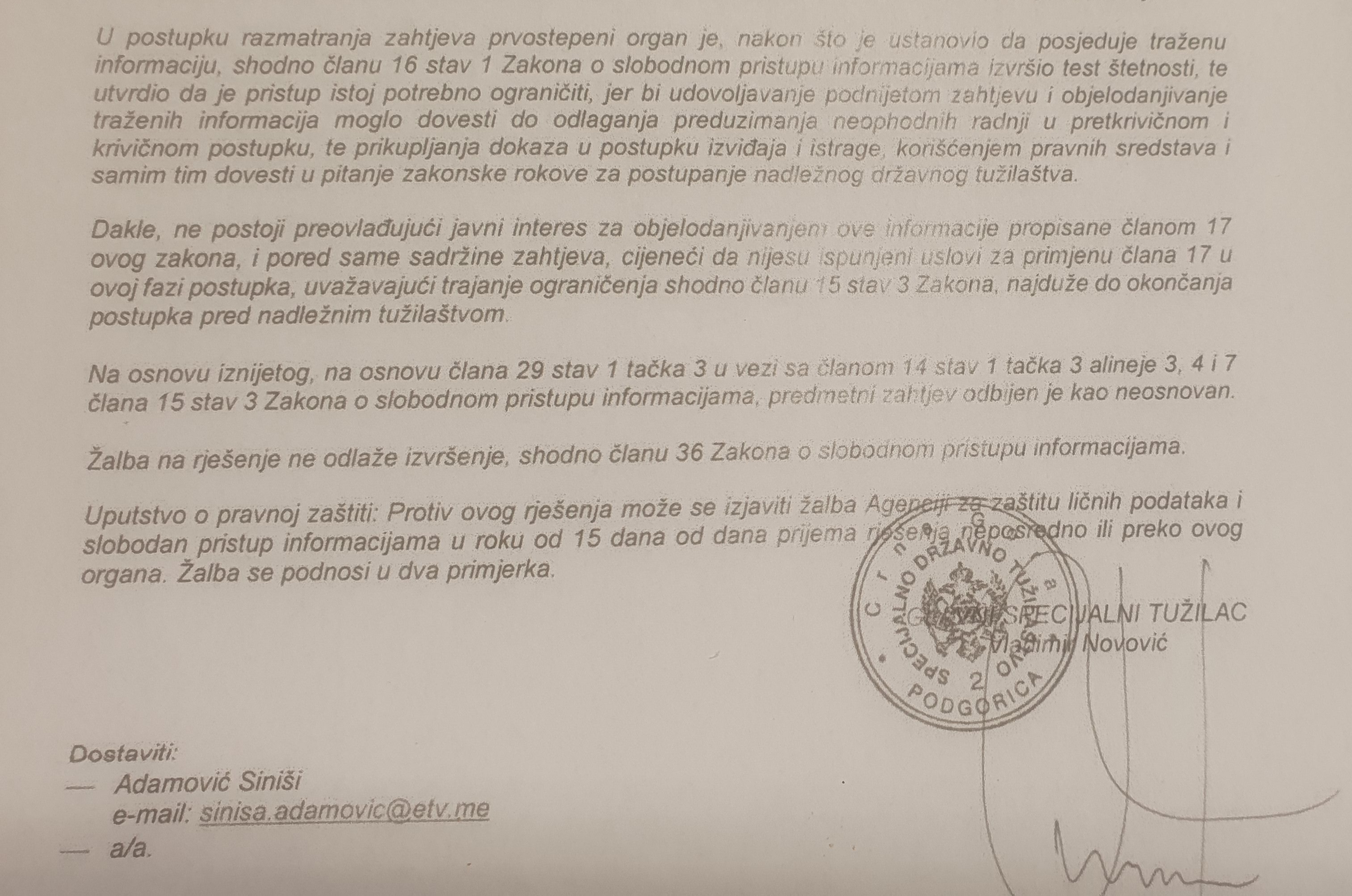 ODGOVOR ETV: Dopis glavnog specijalnog tužioca