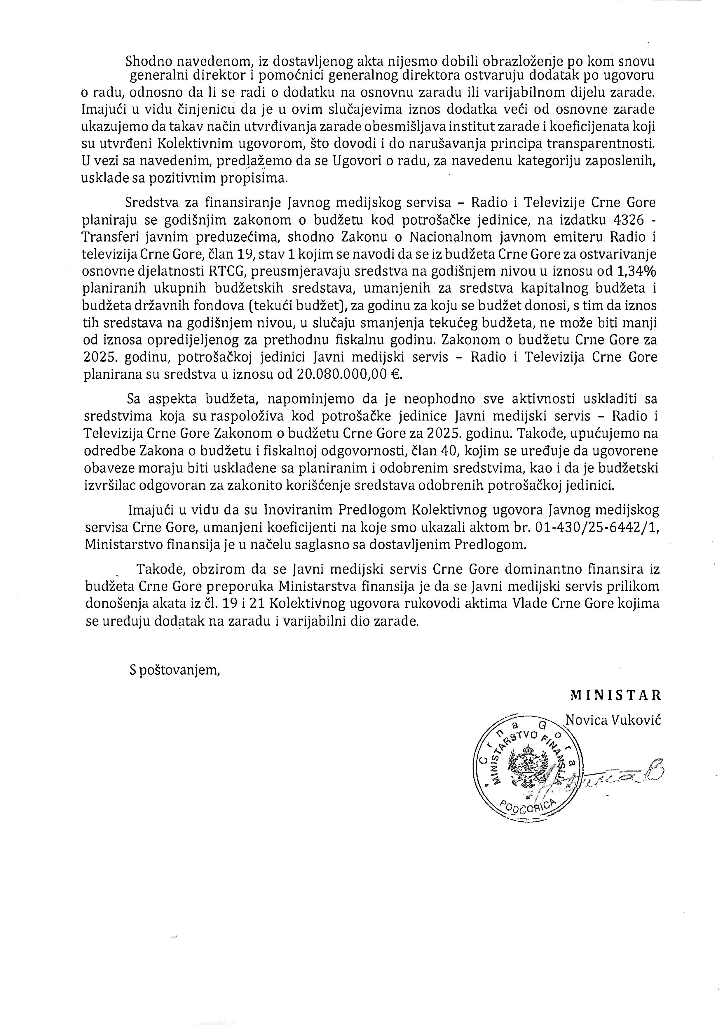 Mišljenje Minsitarstva finansija