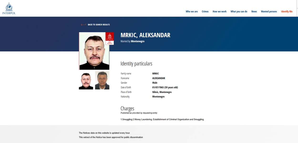 Aleksandar Mrkić na sajtu Interpola (Foto: Interpol)
