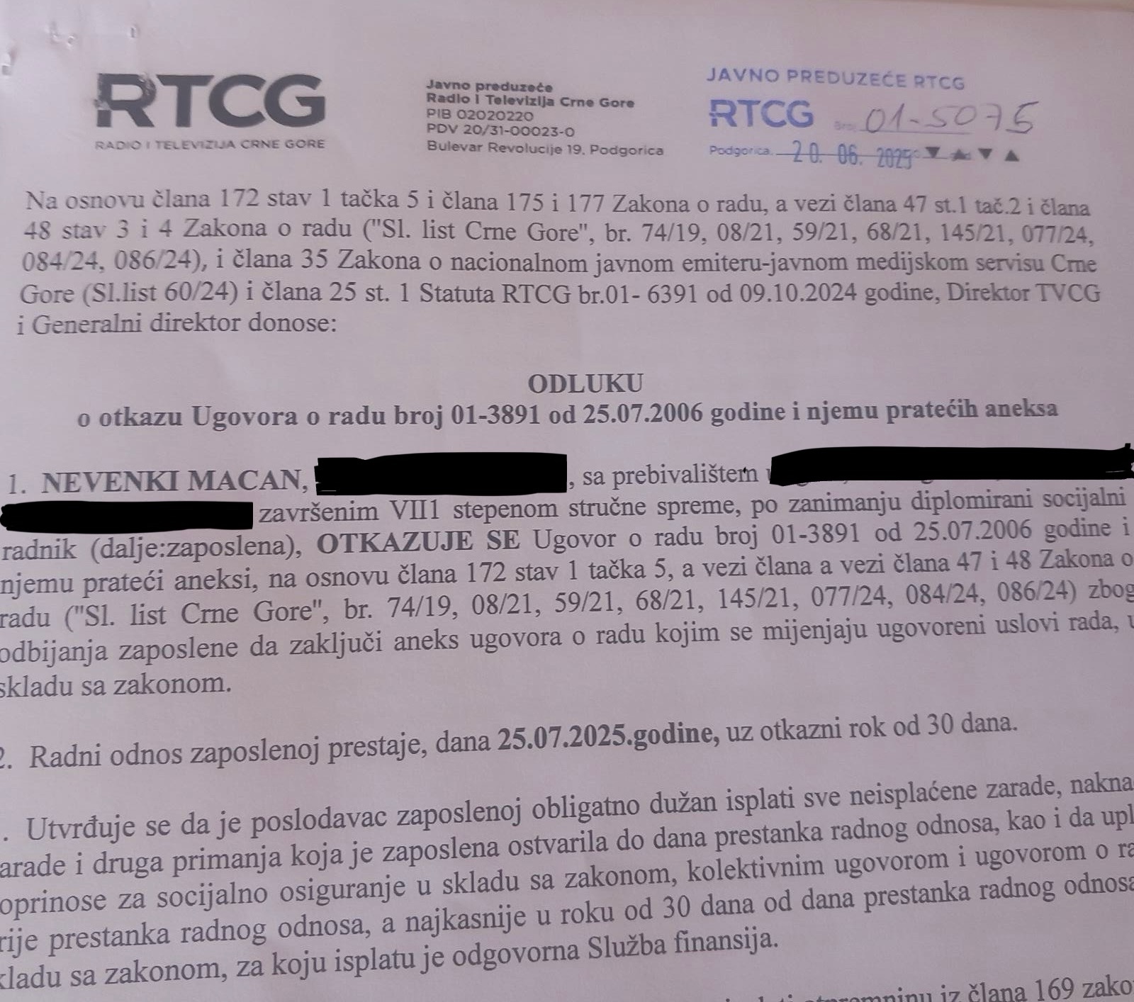 Odluka o otkazu ugovora o radu Nevenke Macan