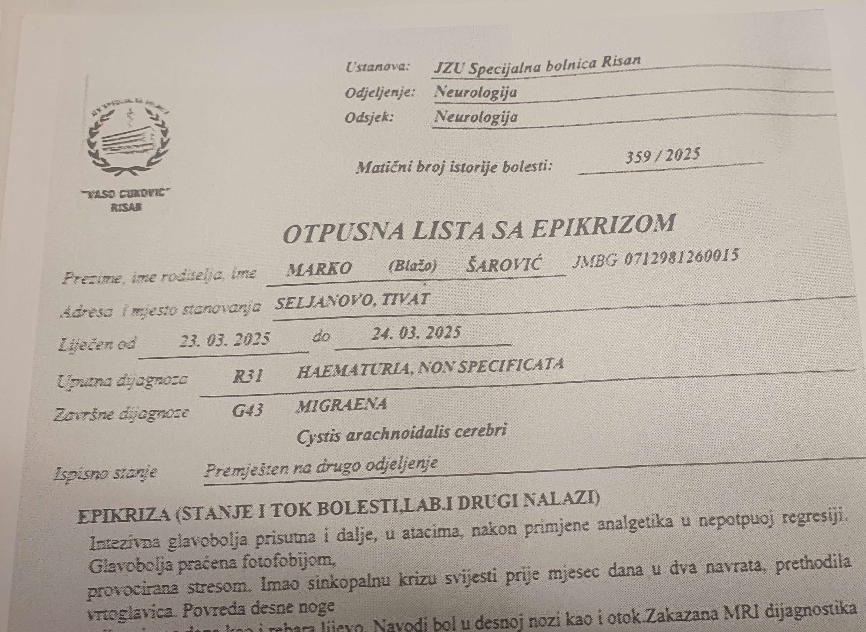 DOKAZ O POVREDAMA: Otpusna lista Šarovića iz bolnice u Risnu 