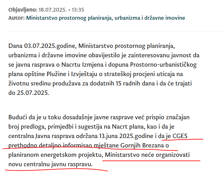 Javna rasprava PUP Plužine otkazana