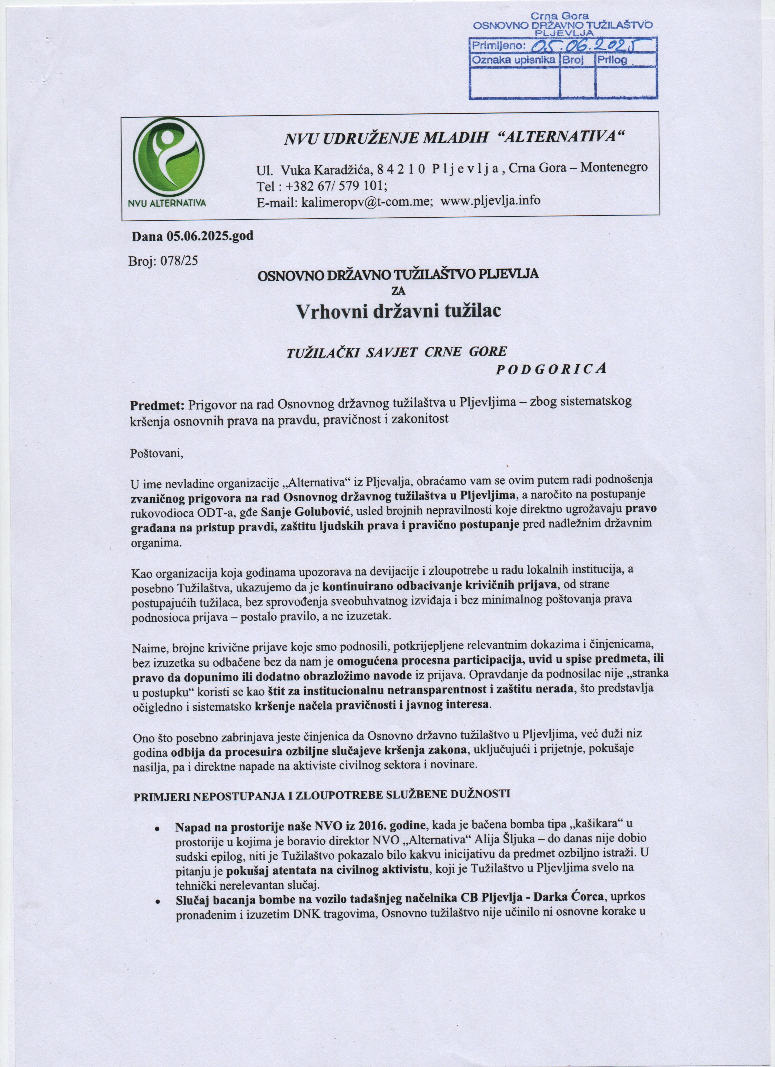 Pritužba na rad ODT Pljevlja