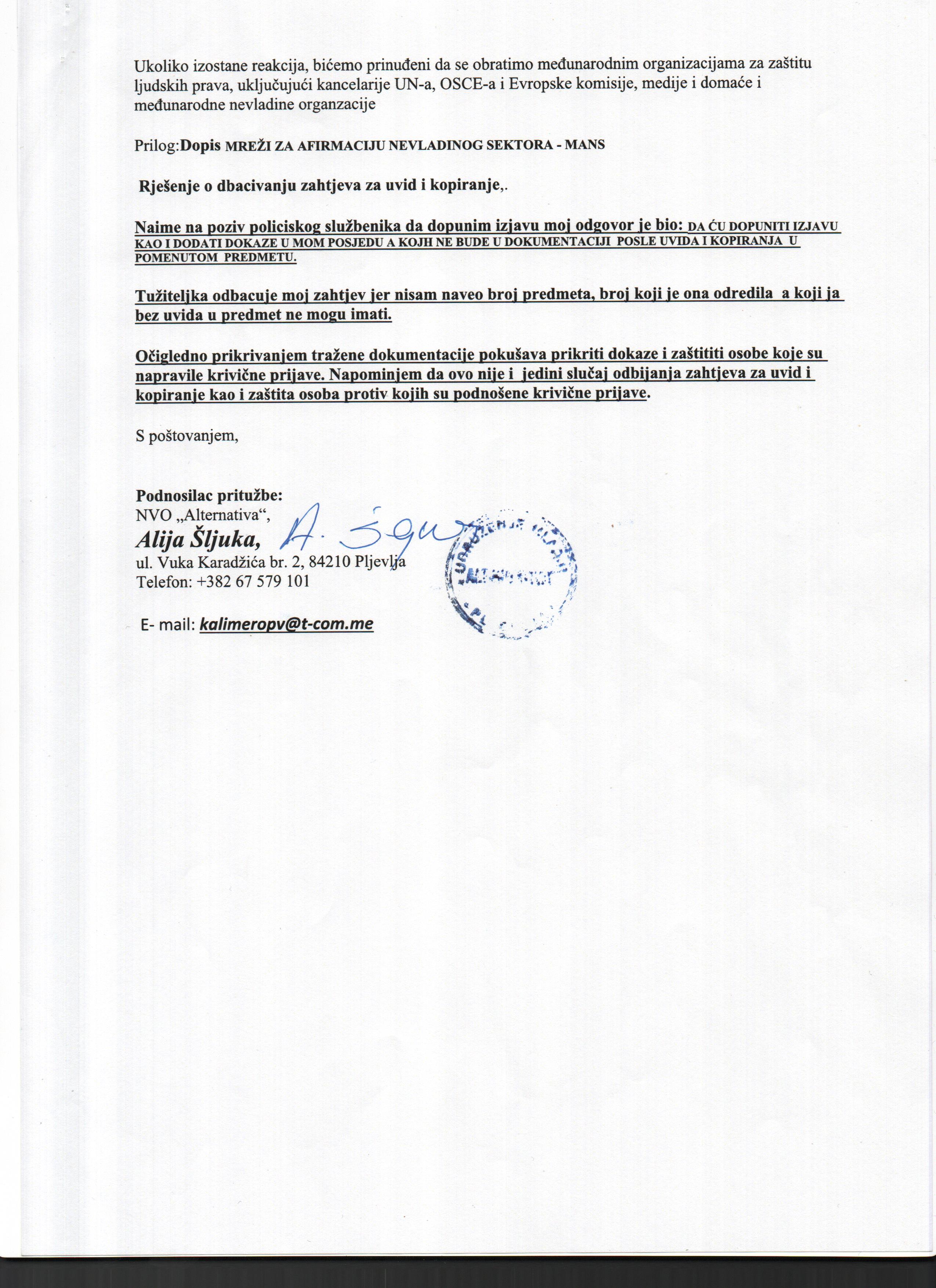 Pritužba na rad ODT Pljevlja