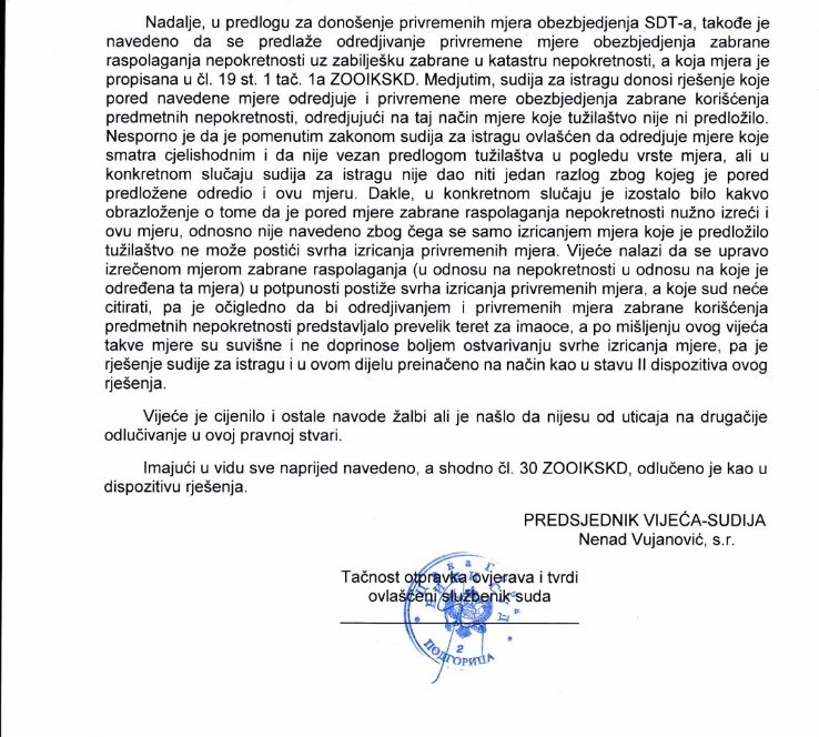 NEMA REAKCIJE IZ SDT : Rješenje Višeg suda kojim se odbacuju nalazi specijalnog tužioca Šoškića