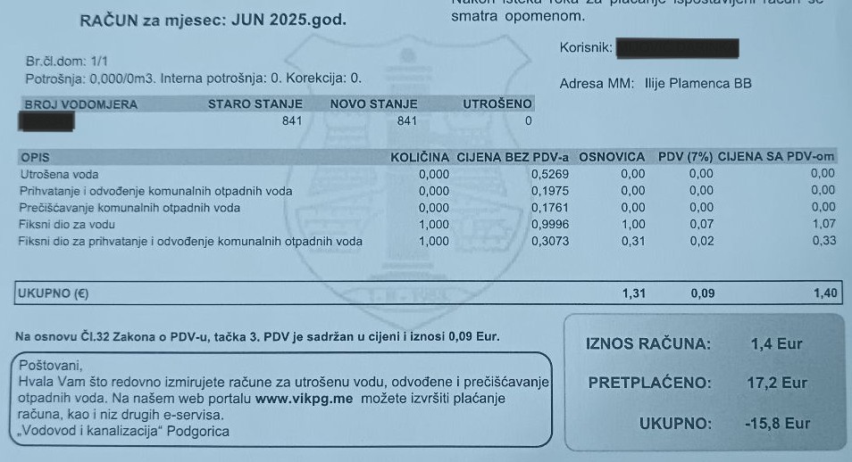 račun za vodu 