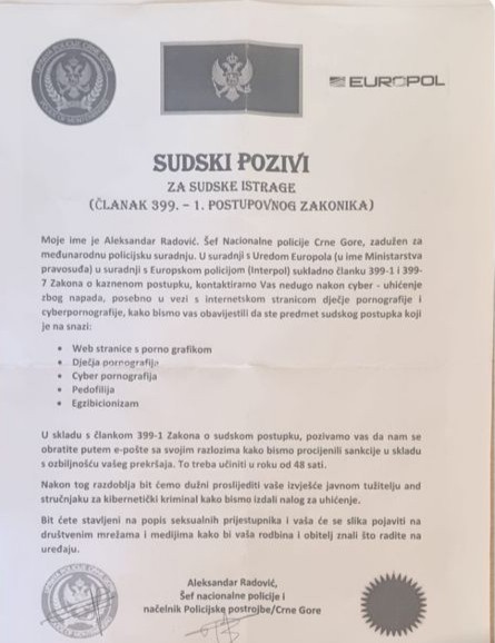 Primjer lažnog dopisa (Foto: Uprava policije)