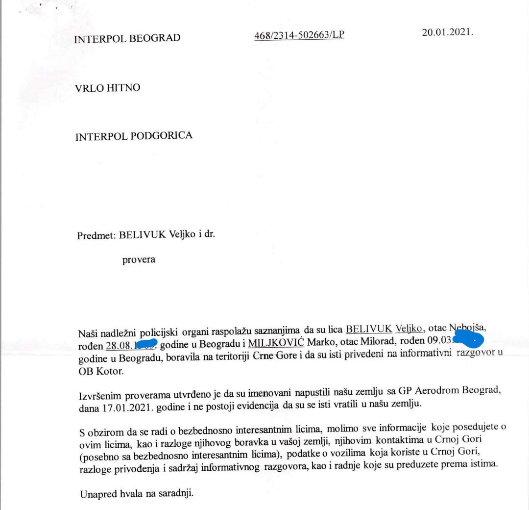 URGENTAN ZAHTJEV: Dopis Interpola Beograd kolegama u Podgorici 