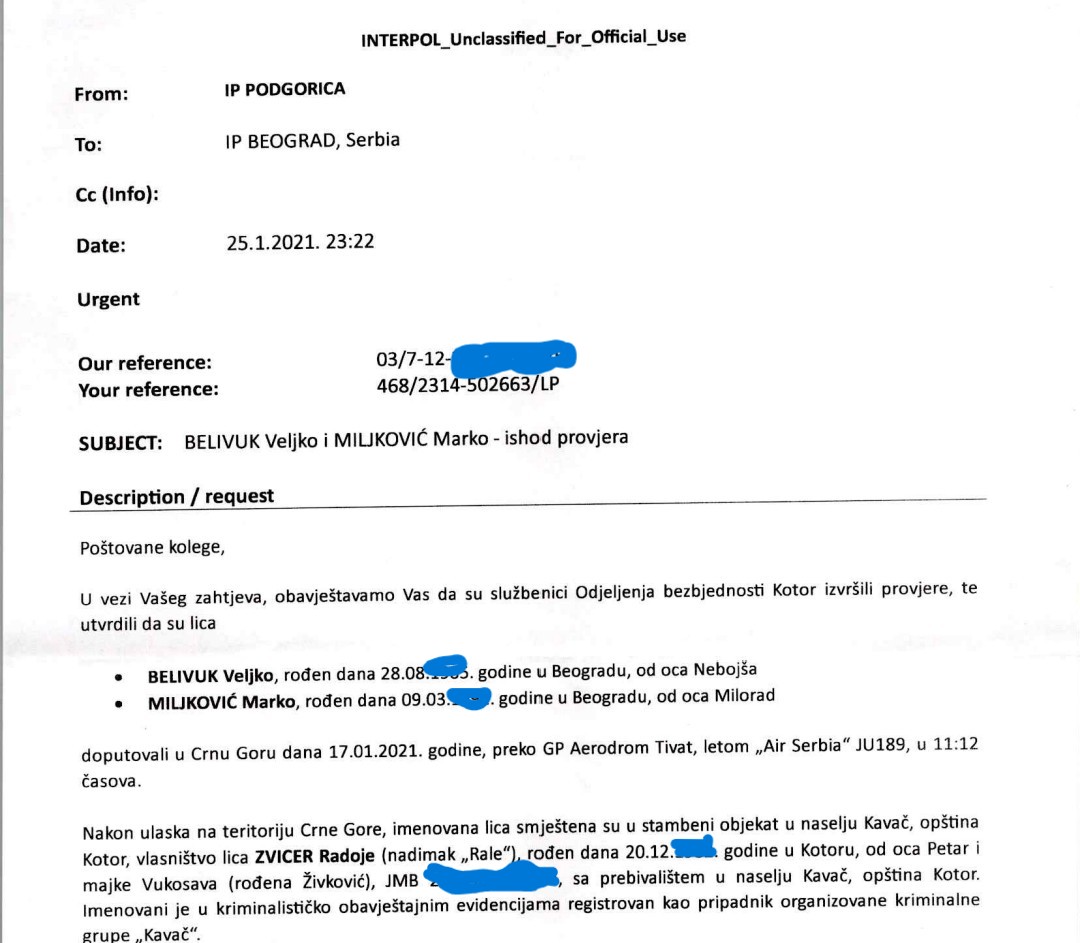 OBAVJEŠTENJE KOLEGAMA: Dopis Intepola Podgorica za Interpol Beograd