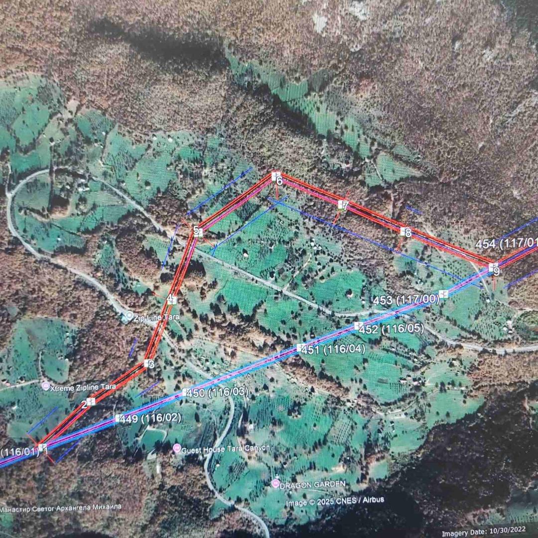 Trasa dalekovoda kroz Đurđevića Taru znatno izmijenjena, označeno crvenom bojom 