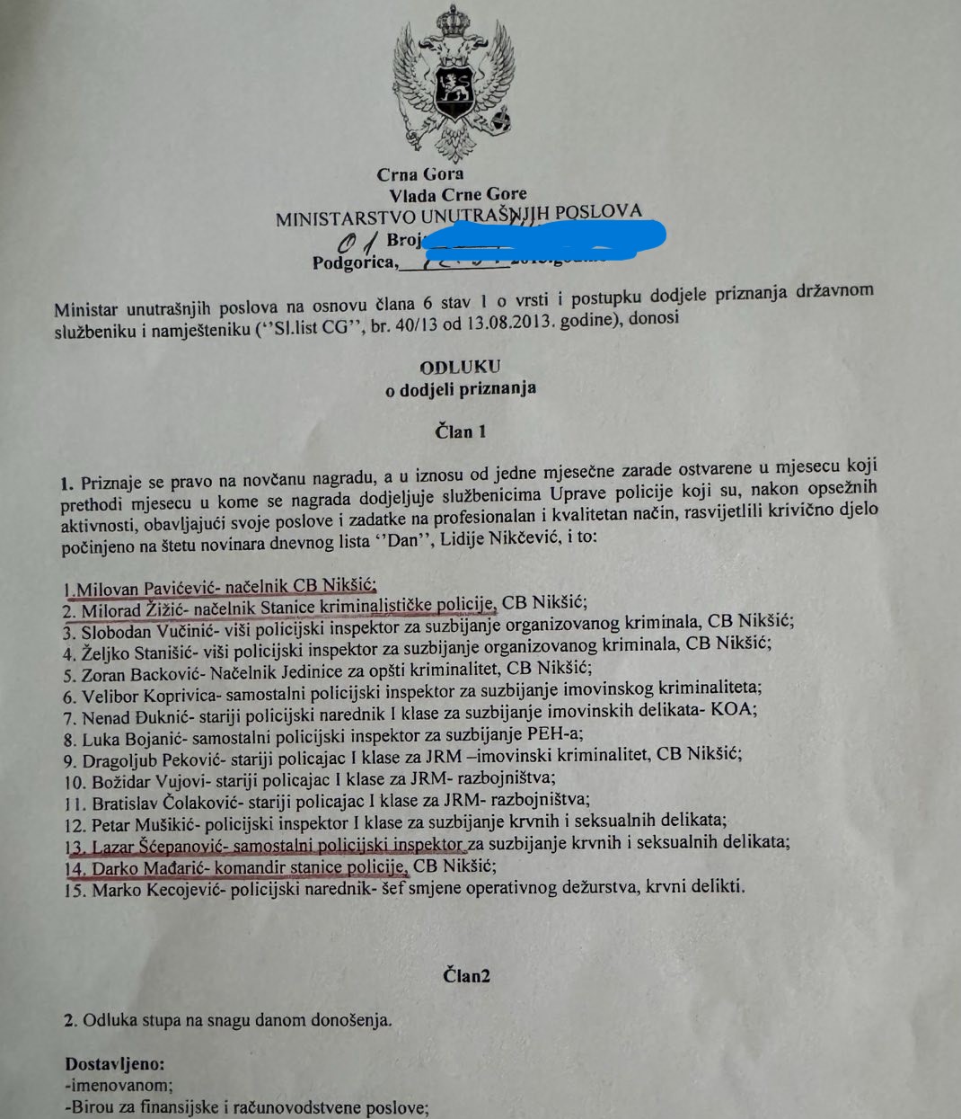 DOKAZ O DOBROM RADU: Odluka o nagradama ministra unutrašnjih poslova Raška Konjevića 