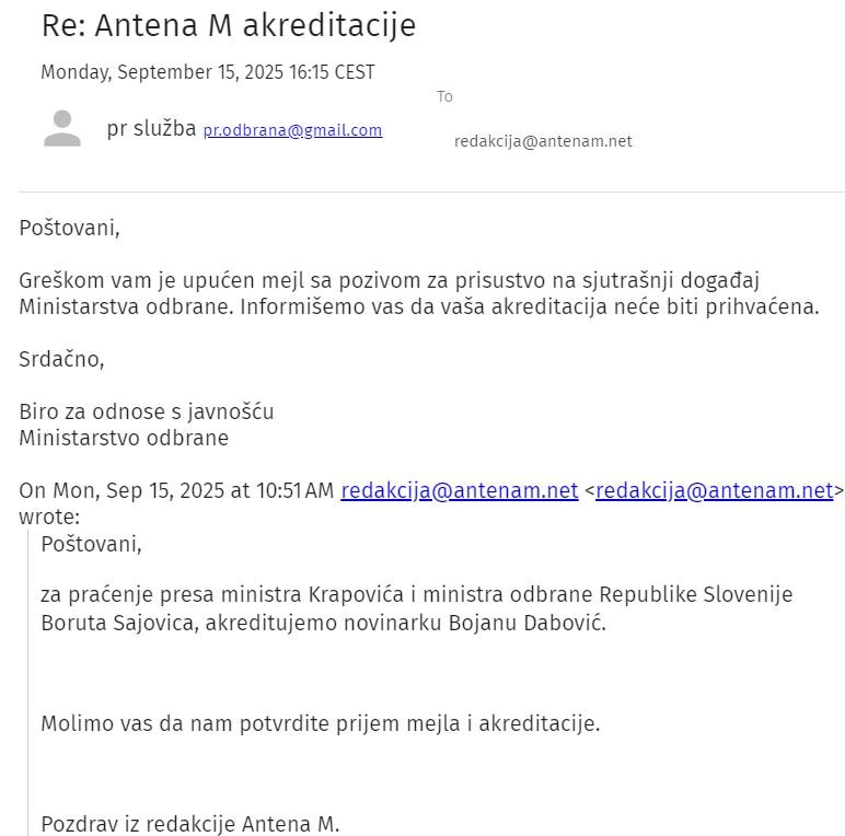 Odgovor Ministarstva odbrane