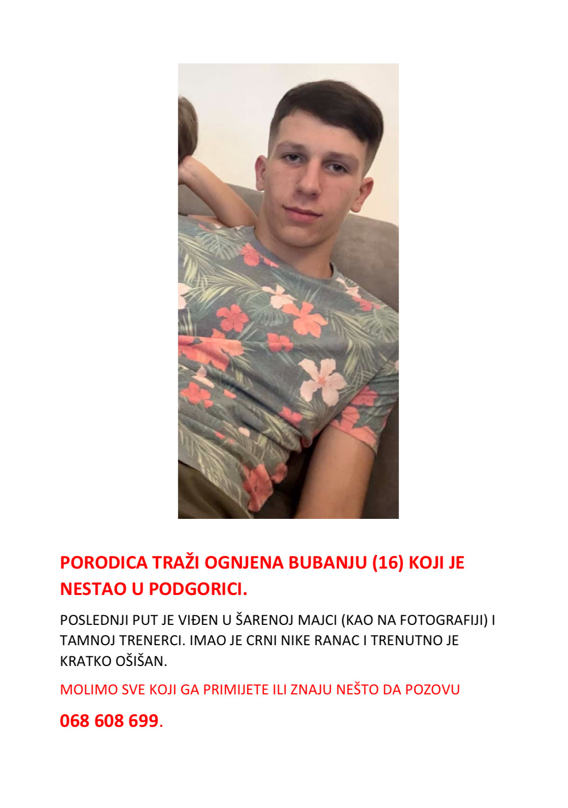 Ognjen Bubanja nestao u Podgorici