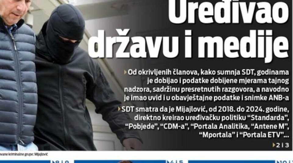 ISTI MEDIJSKI OBRAZAC U CRNOJ GORI I SRBIJI: Naslovnica Vijesti nakon hapšenja Mijajlovića
