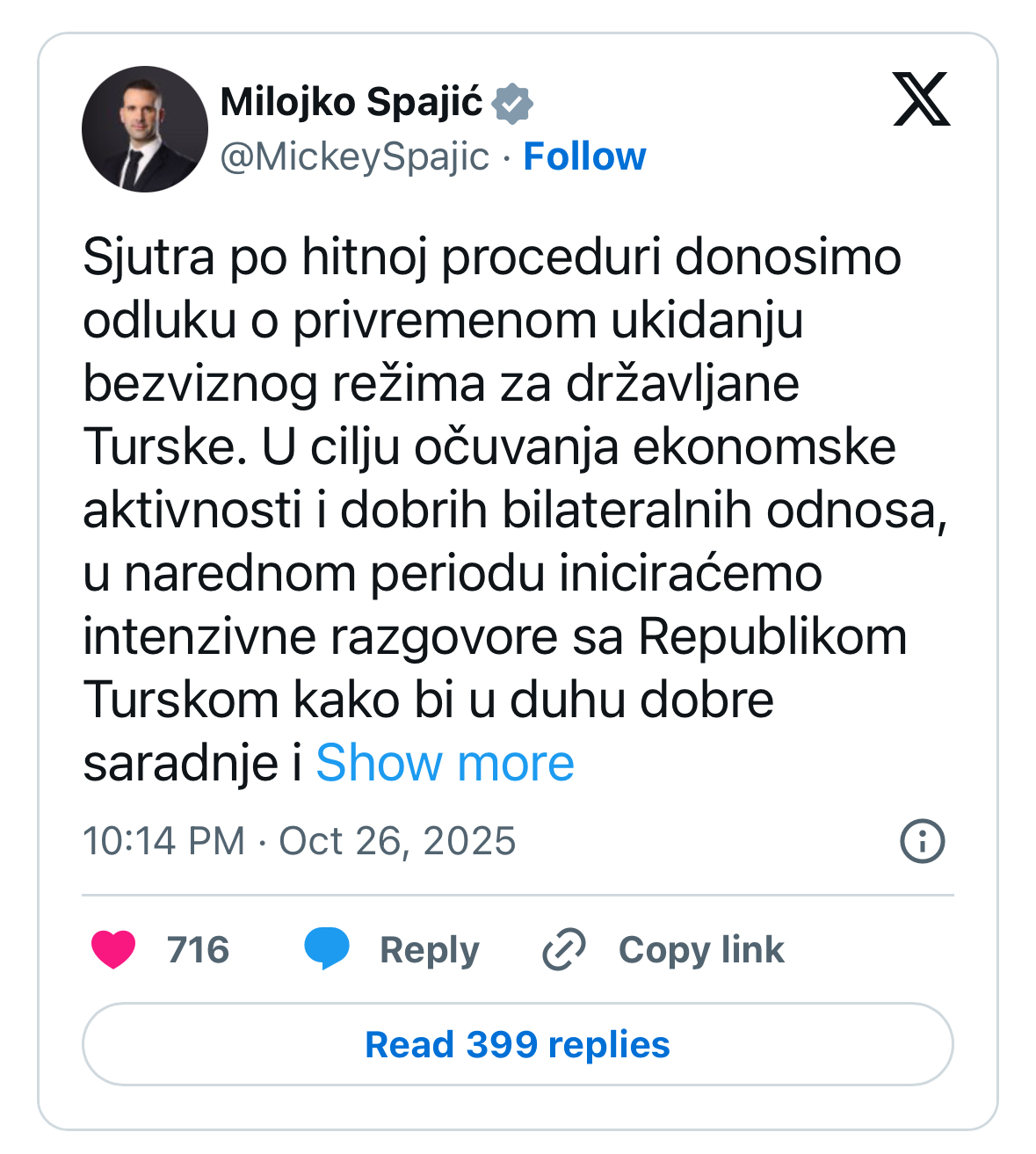 Objava premijera Milojka Spajića na mreži Iks (X)