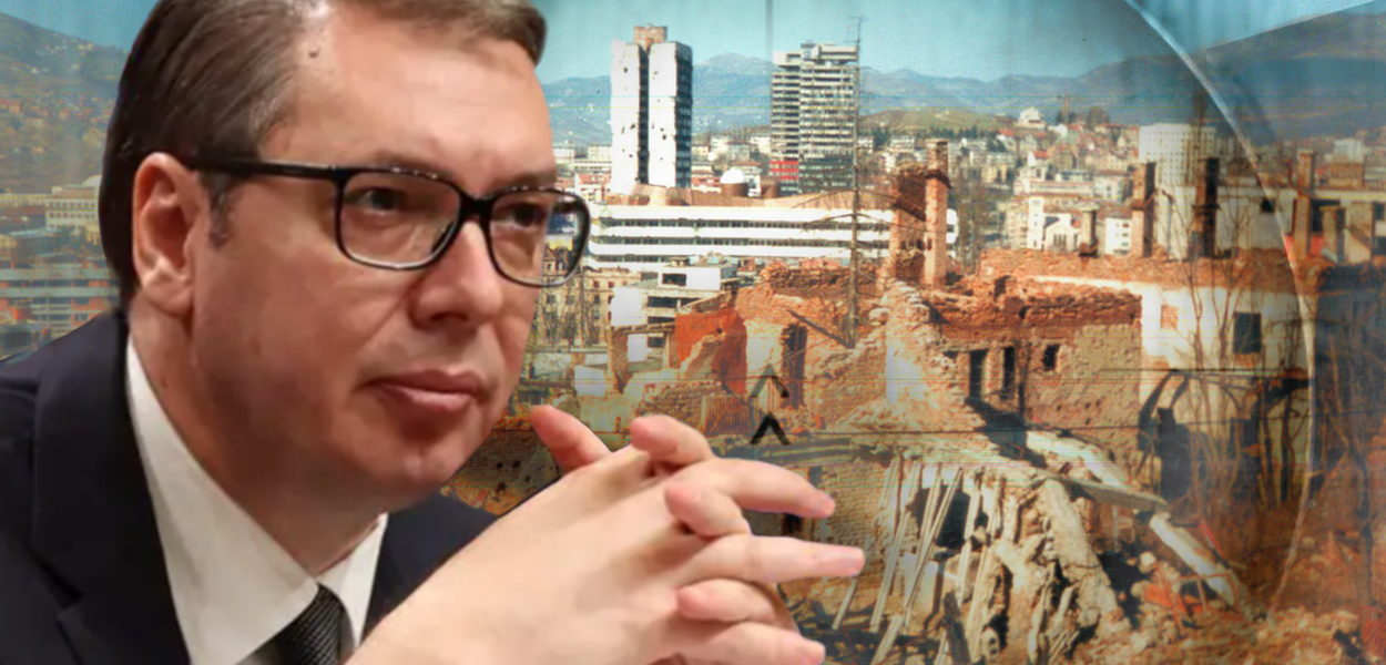 ISPITIVANJE MUČNE PROŠLOSTI: Aleksandar Vučić i slika ratnog Sarajeva (Foto: ILUSTRACIJA: T. METĐONAJ)