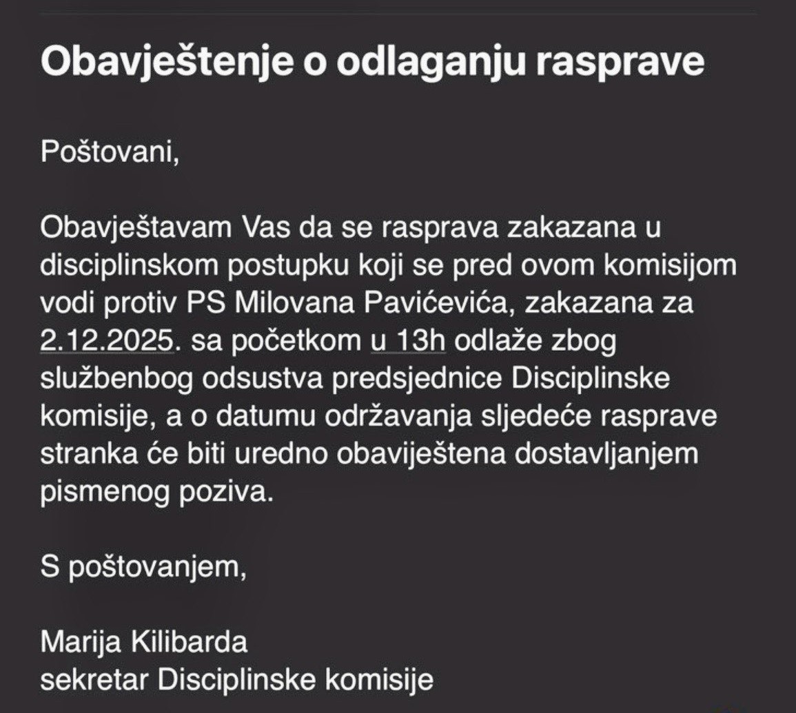 ZVANIČNA OBAVIJEST: Mejl sekretarice Disciplinske komisije Marije Kilibarde 
