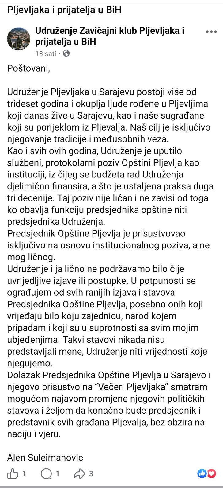 Objava Alena Sulejmanovića