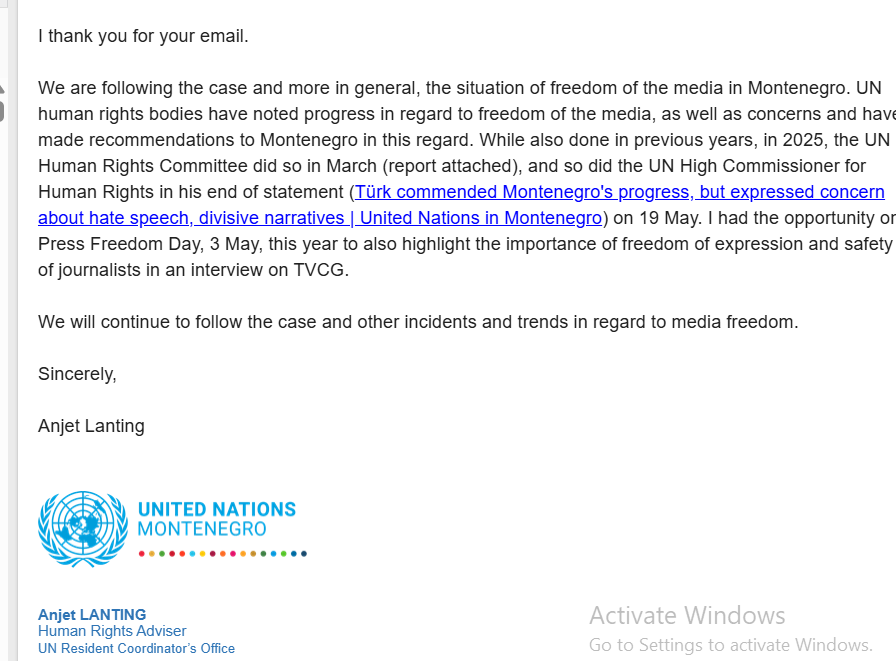 PODRŠKA TARGETIRANIM MEDIJIMA: Pismo iz Ujedinjenih nacija (Foto: Screenshot pisma Lening)