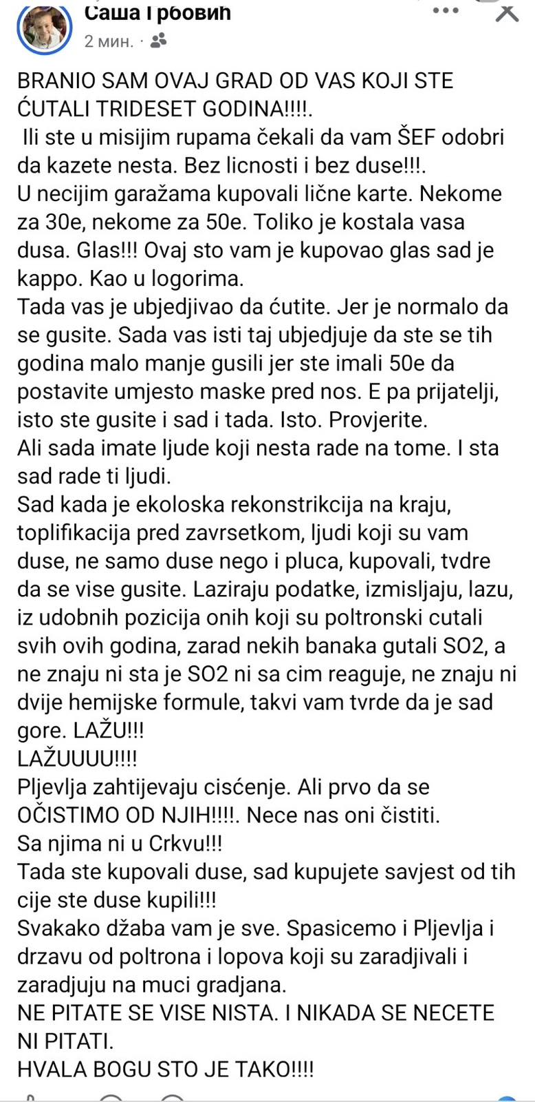 Objava direktora Opšte bolnice Pljevlja Saše Grbovića