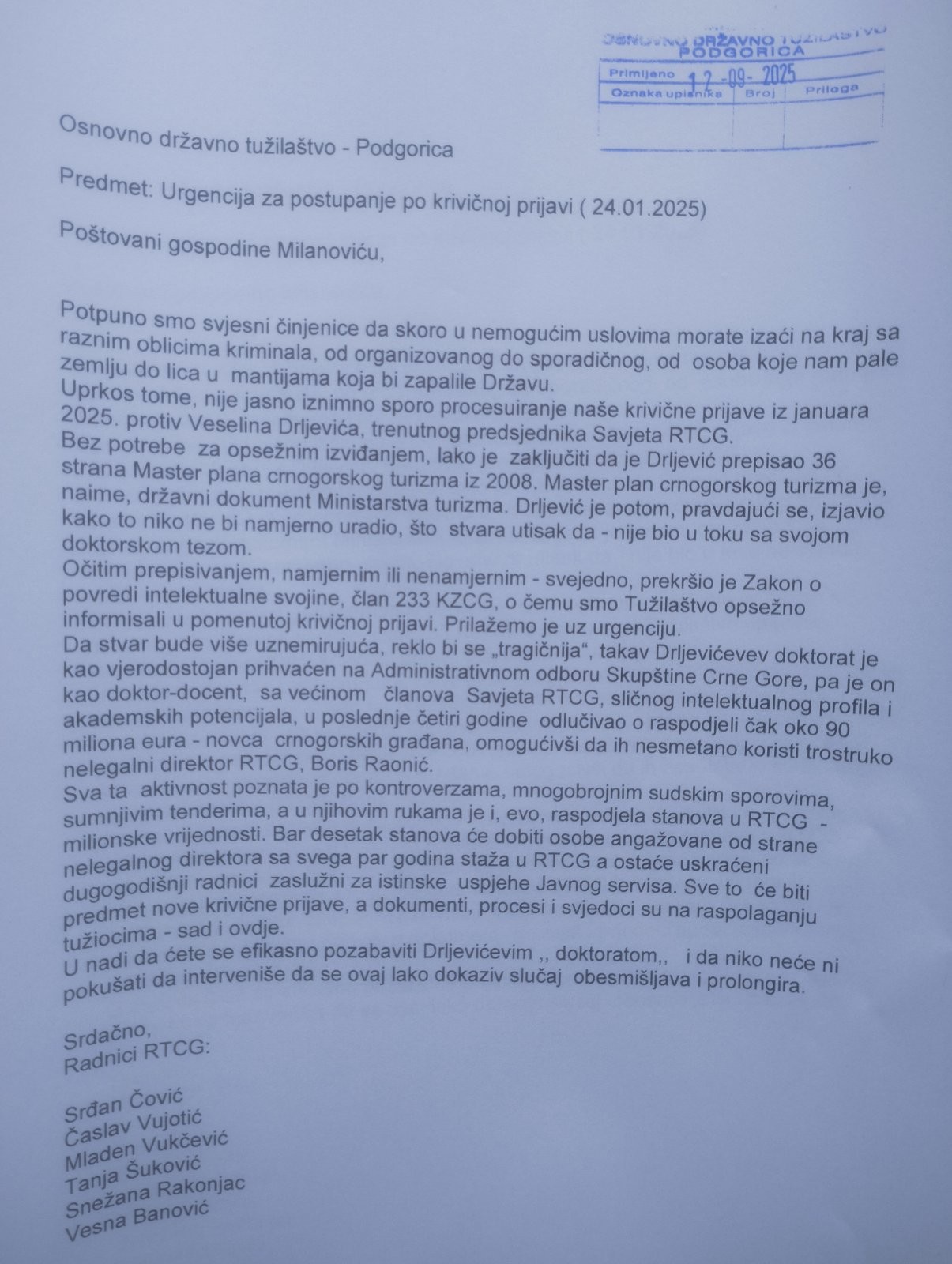 KAD NADLEŽNI ĆUTE: urgencija zaposlenih radnika RTCG u ,,slučaju Drljević"