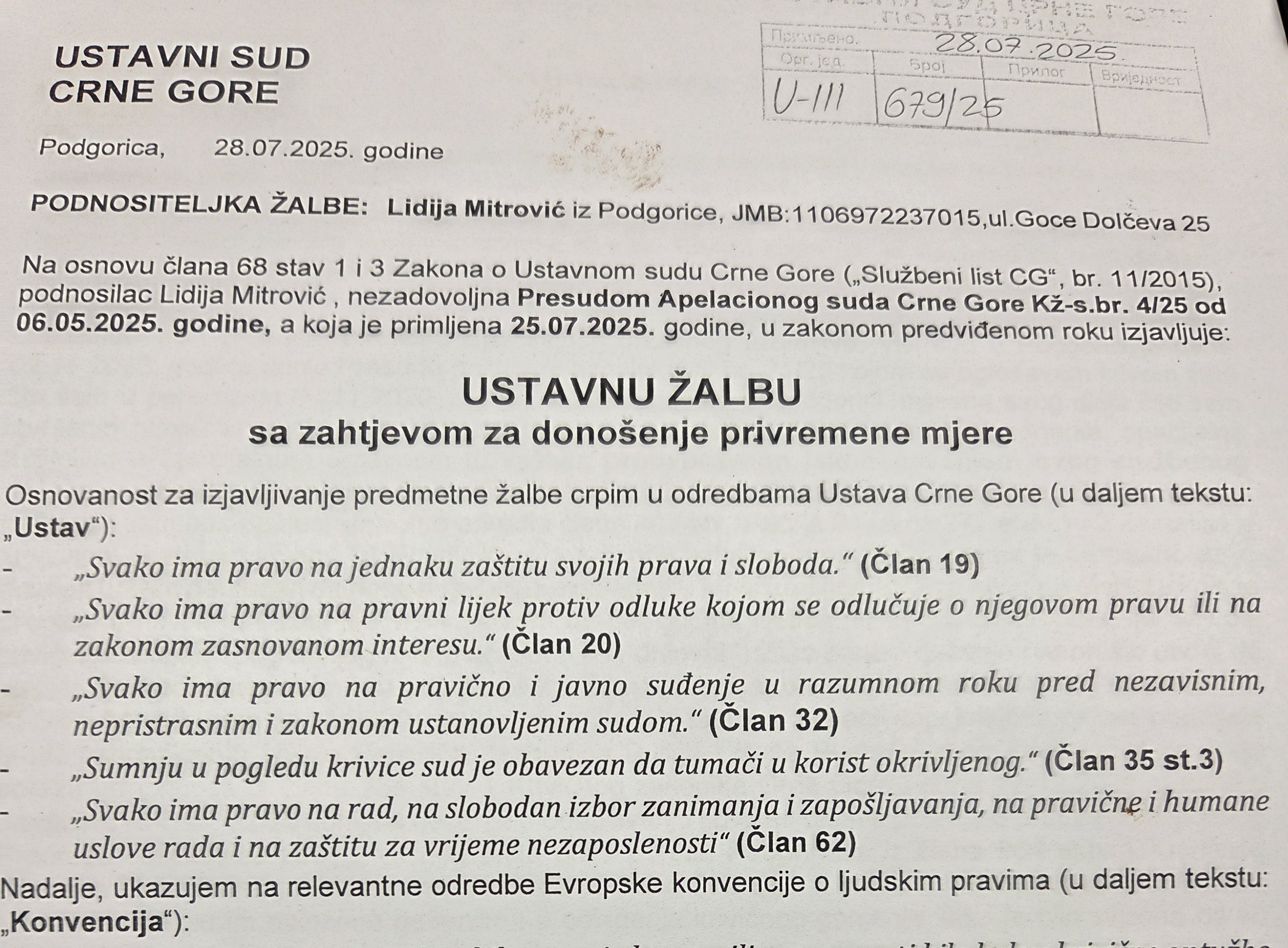 POKUAŠAJ POVRATKA U ZAKONSKE OKVIRE: Ustavna žalba Lidije Mitrović
