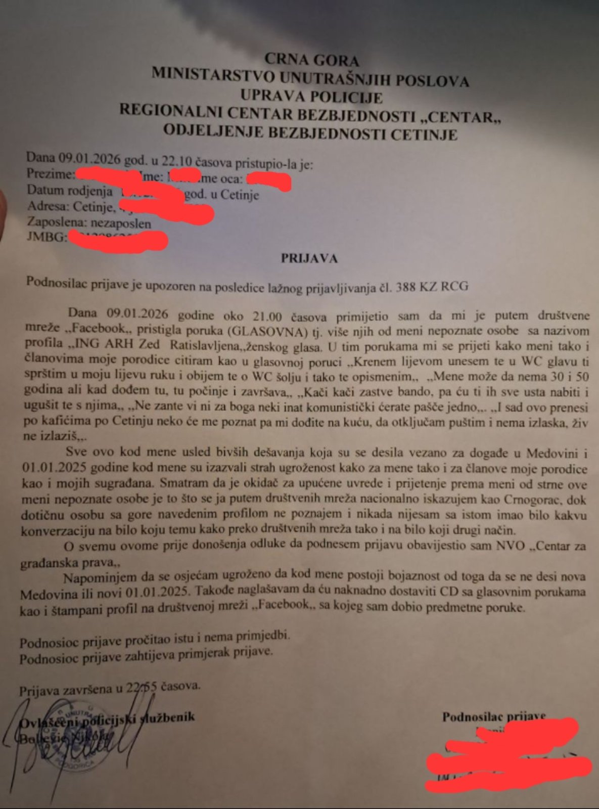 prijava zbog prijetnje