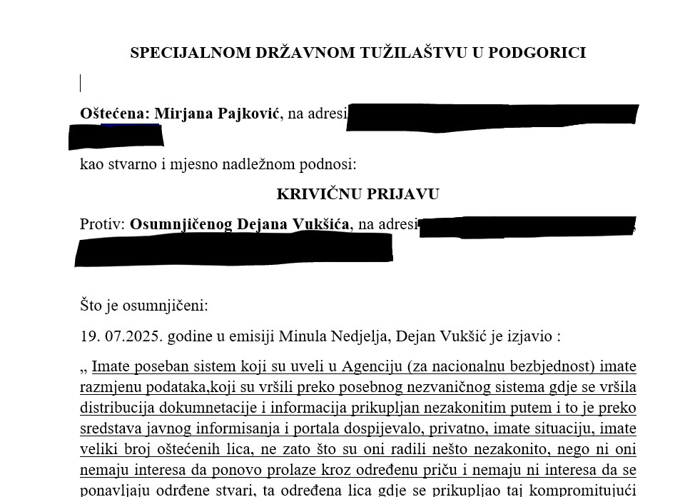 PRIJAVE ZA SADA BEZ REAKCIJE: Naslovnica krivične prijave SDT-u koju je podnijela Mirjana Pajković