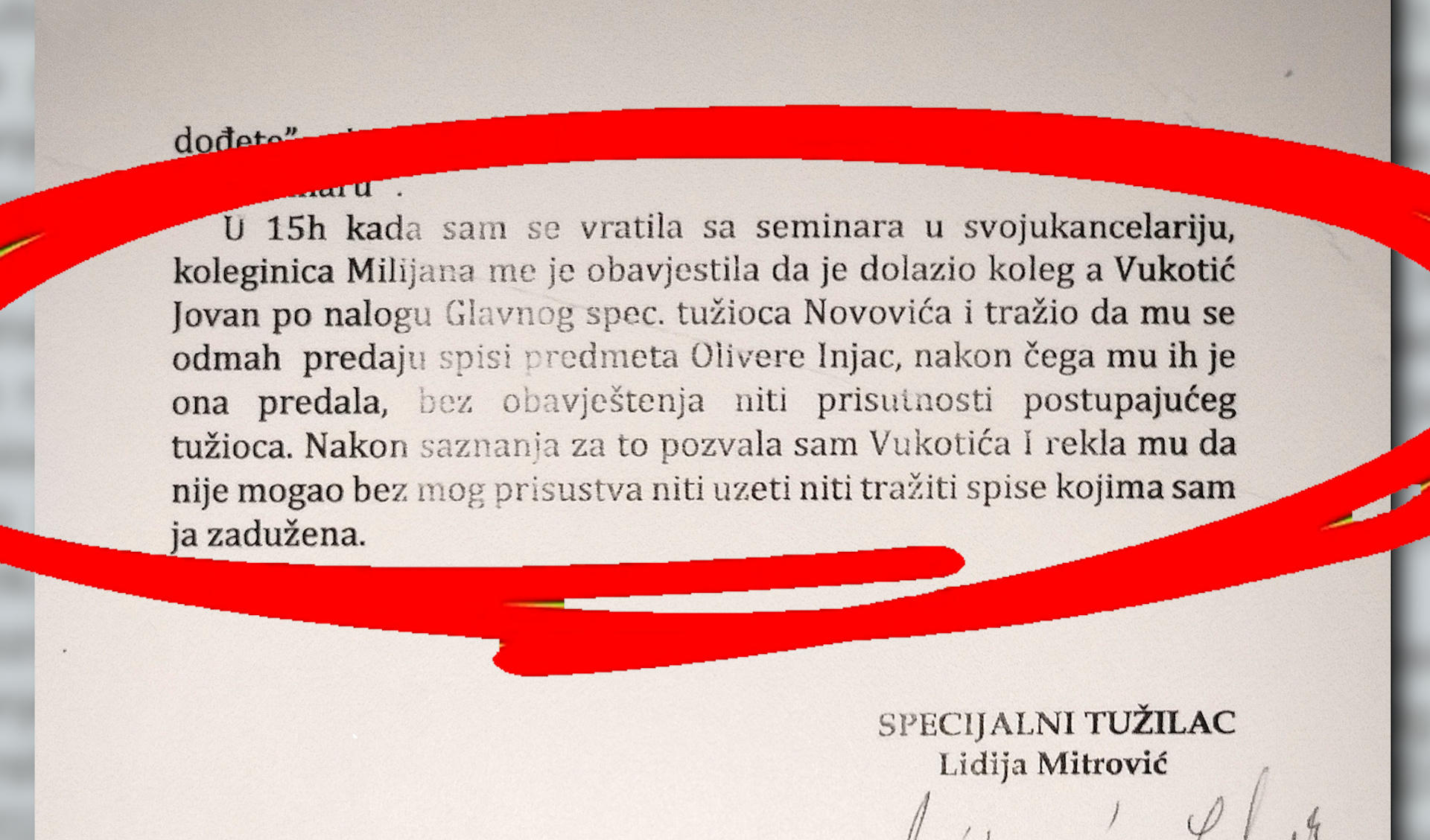 DOKAZ NEZAKONITOG POSTUPANJA NOVOVIĆA: Dio Službene zabiljške Lidije Mitrović