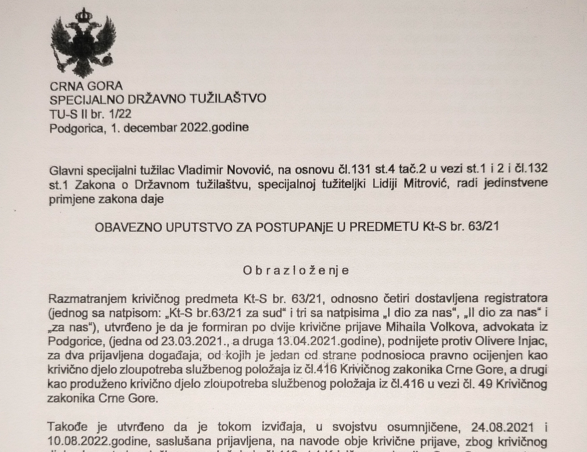 THE FINAL BLOW AGAINST MITROVIĆ: One of two binding instructions from Vladimir Novović