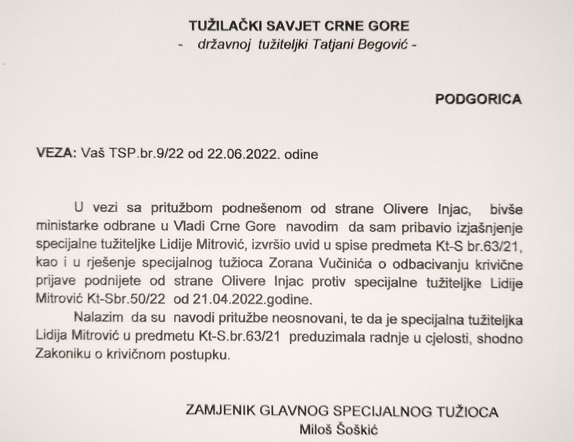 PIŠI KAKO TI JE NAREĐENO: Dopis Miloša Šoškića, zamjenika GST Novovića