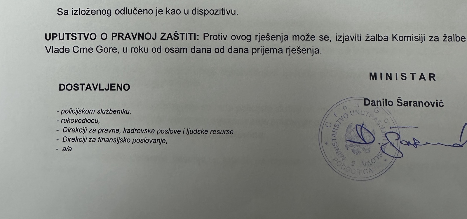 POTPIS PO NARUDŽBI ŠUKOVIĆA: Detalj iz dopisa ministra unutrašnjih poslova Šaranovića