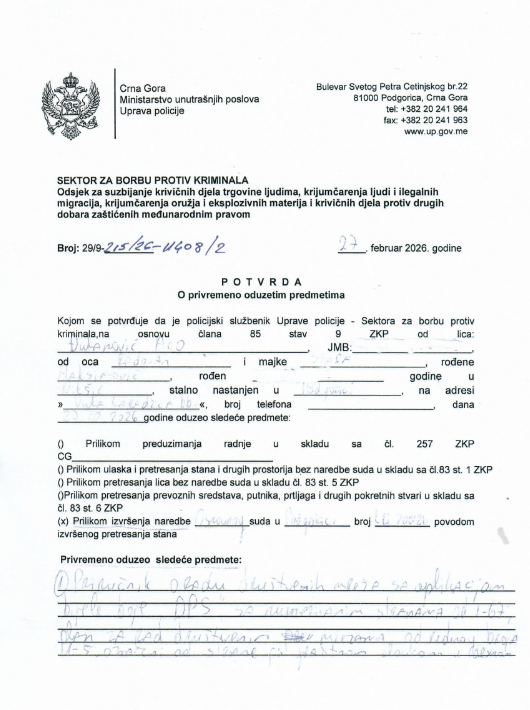 Potvrda o privremeno oduzetim predmetima