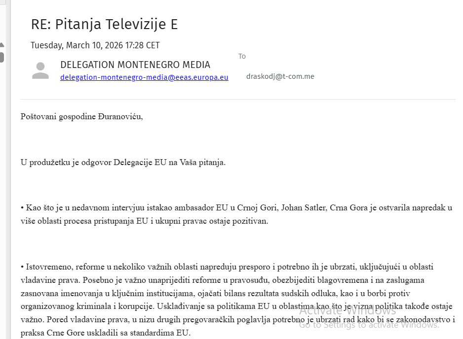 (NE)JASNE PORUKE: Odgovori Delegacije EU u Podgorici na pitanja Televizije E