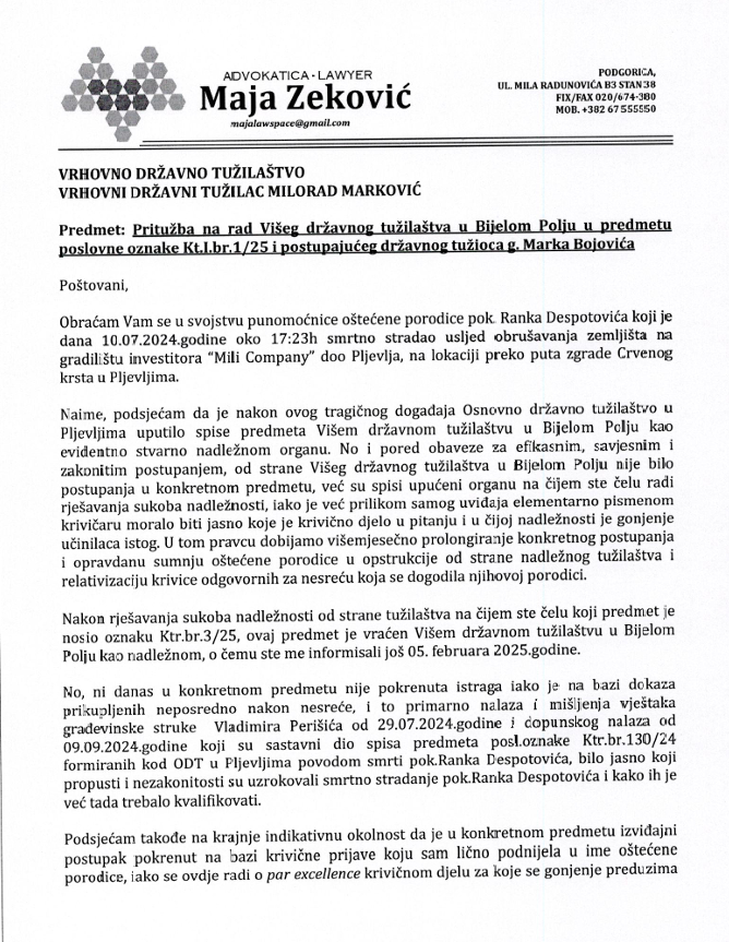 Pritužba advokatice Maje Zeković