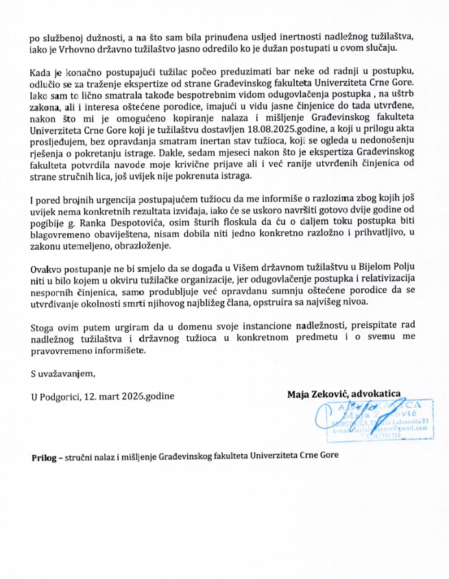 Pritužba advokatice Maje Zeković