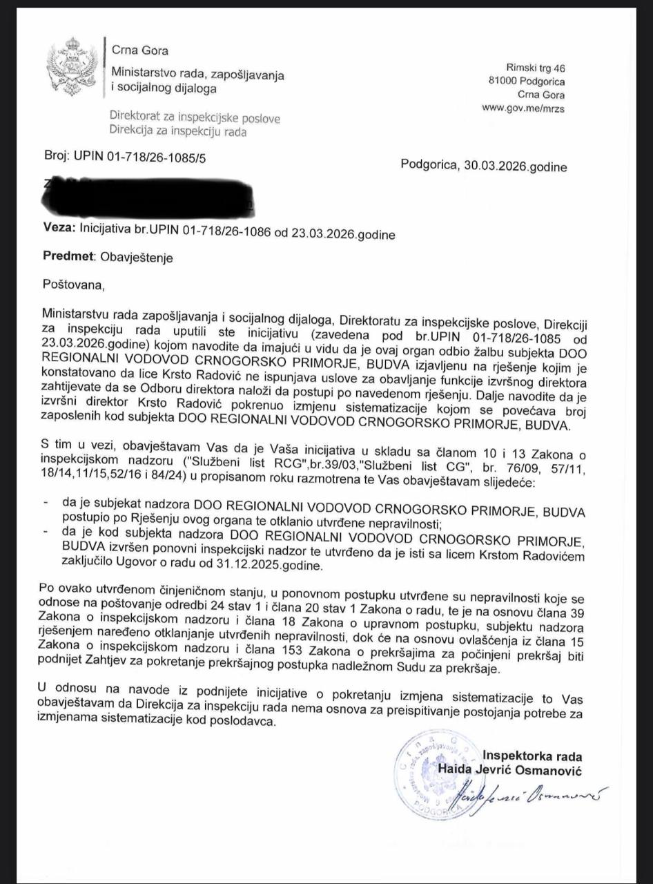 Obavještenje Inspekcije