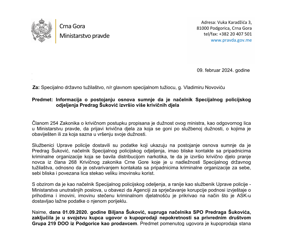 DA LI JE BILO PRANJA NOVCA: Naslovna strana krivične prijave Andreja Milovića