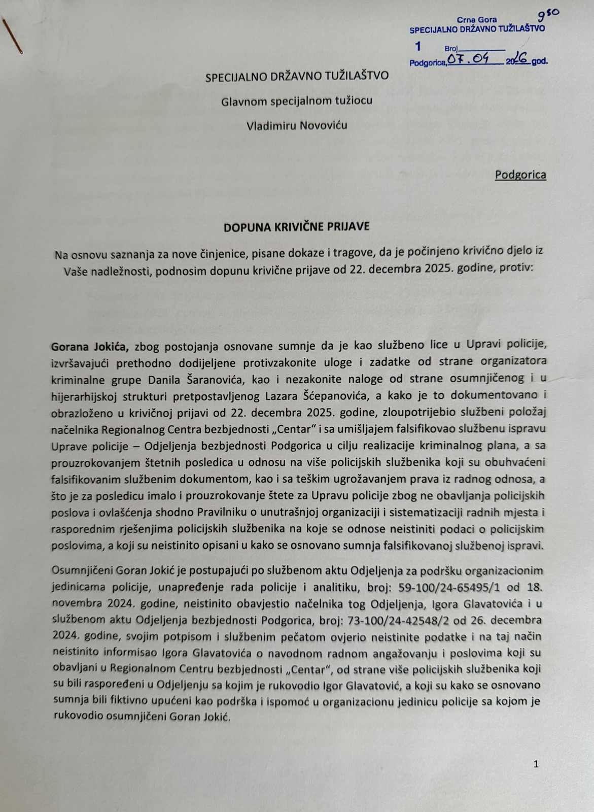 NOVI DOKAZI O ZLOUPOTREBAMA: Dopunjena krivična prijava