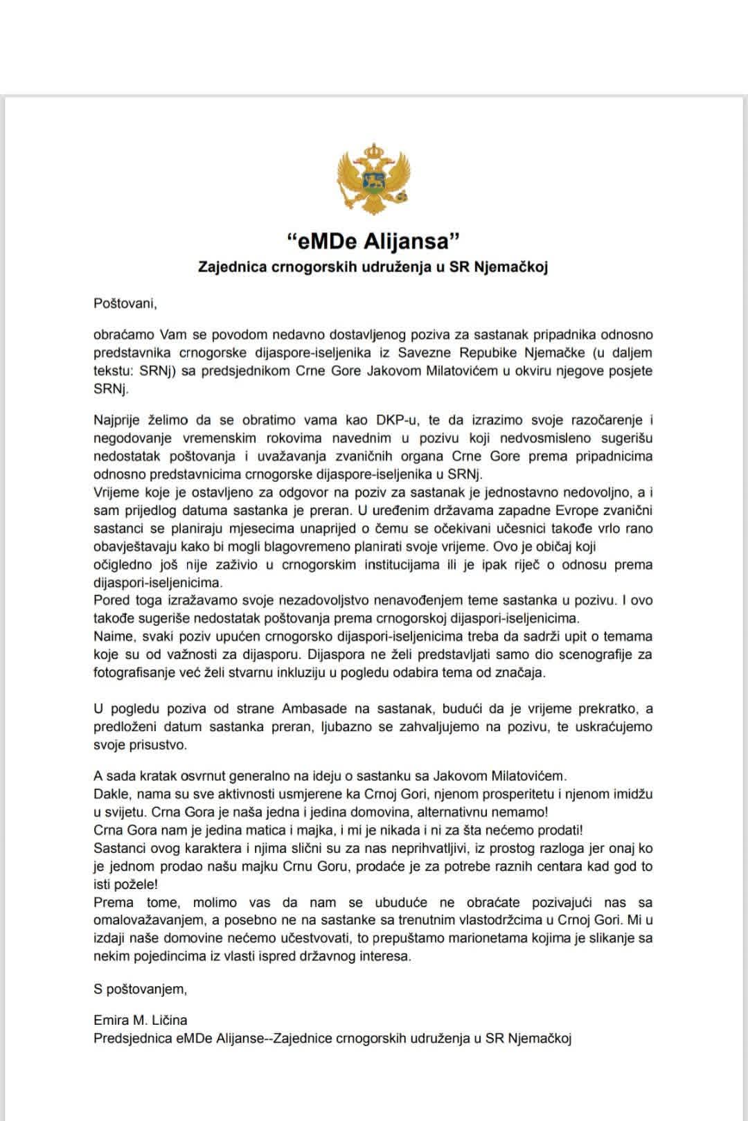 Odgovor Udruženja Ambasadi Crne Gore u Njemačkoj