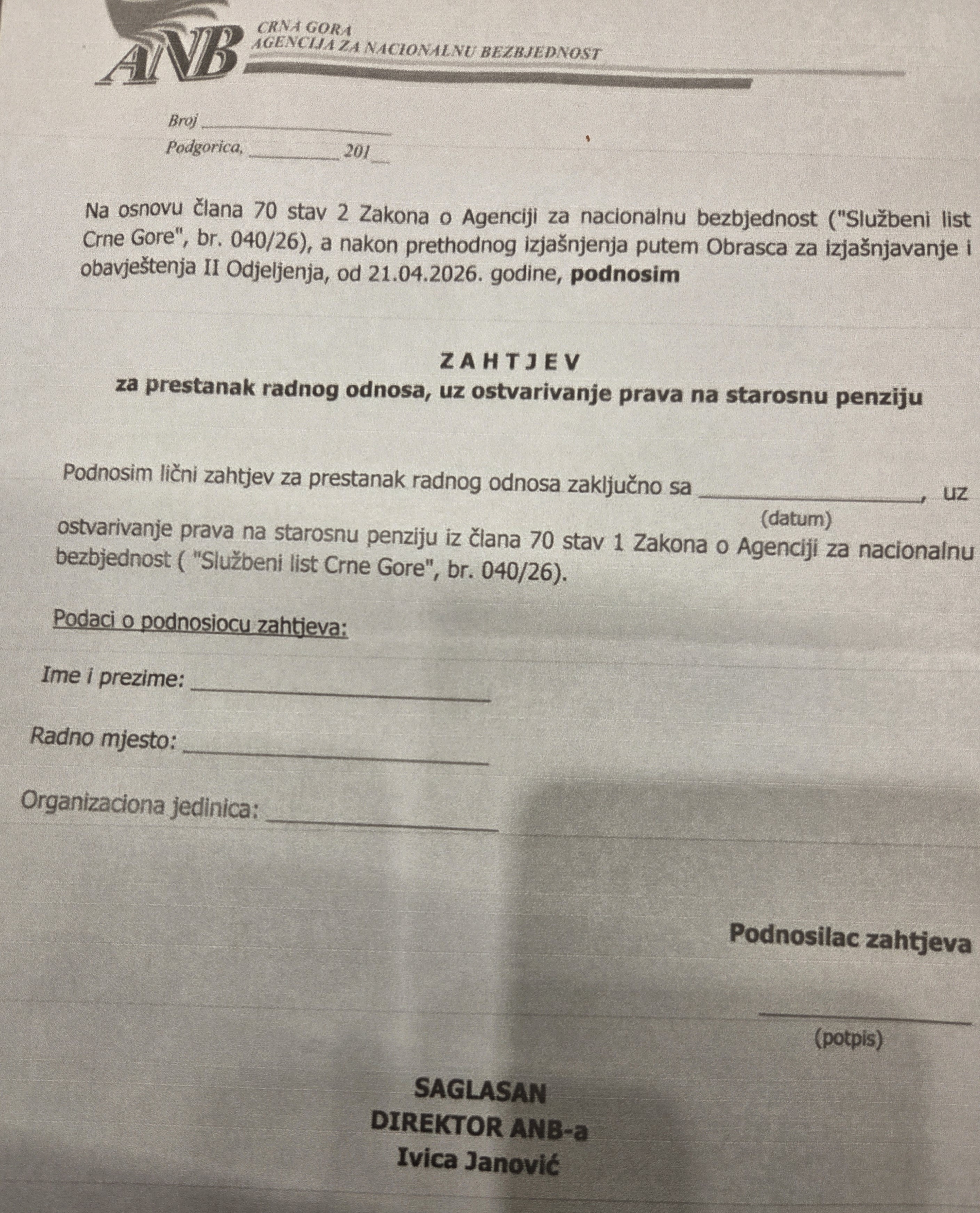 VAŠE JE SAMO DA POPUNITE I POTPIŠETE: Obrazac za izjašnjavanje o penzionisanju službenika ANB-a
