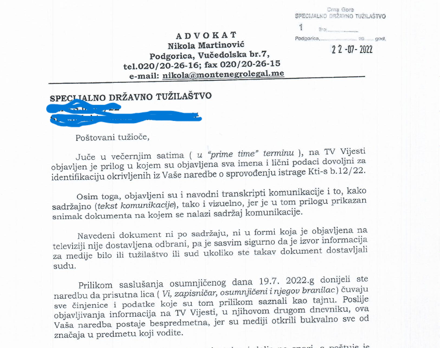 PISMA BEZ ODGOVORA: Dopis Nikola Martinovića specijalnom tužiocu Zoranu Vučiniću