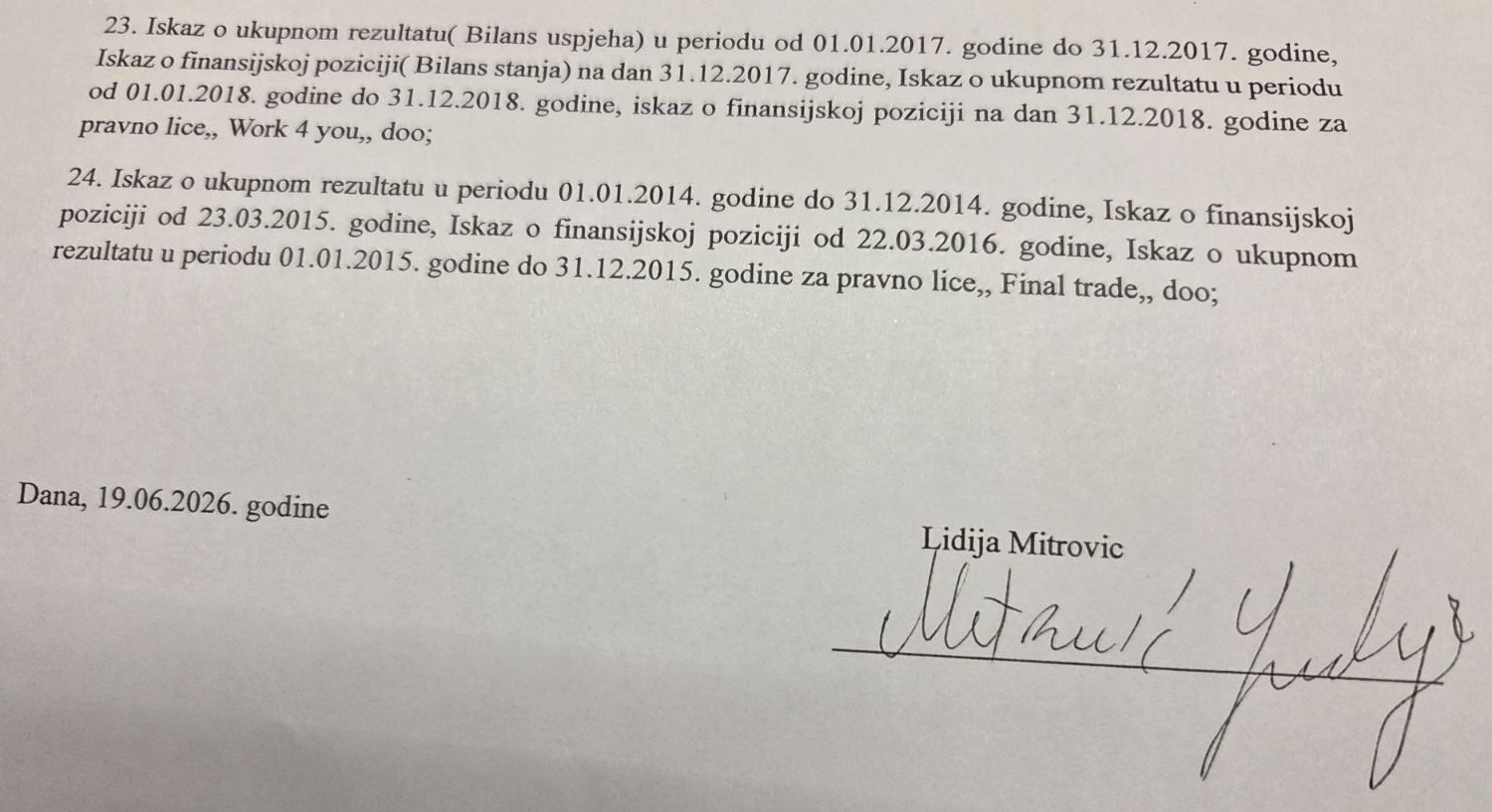 POSTOJE LI NOVI DOKAZI, ODLUČIĆE VIŠI SUD: Potpis Lidije Mitrović na Zahtjevu za obnovu postupka