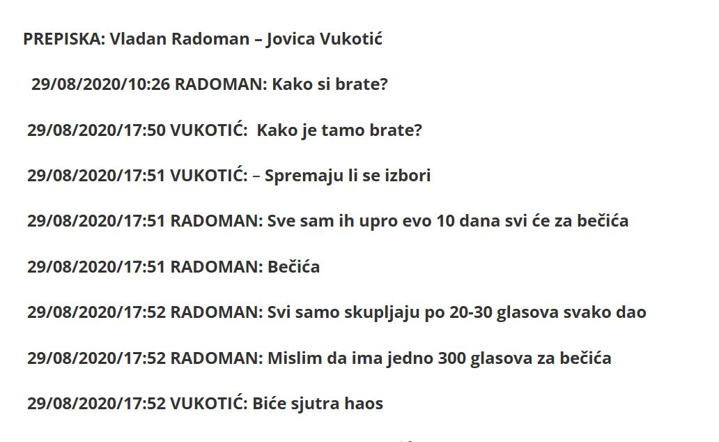EVIDENCE OF SUPPORT IN CETINJE: Sky ECC communication between Jovica Vukotić and Vladan Radoman