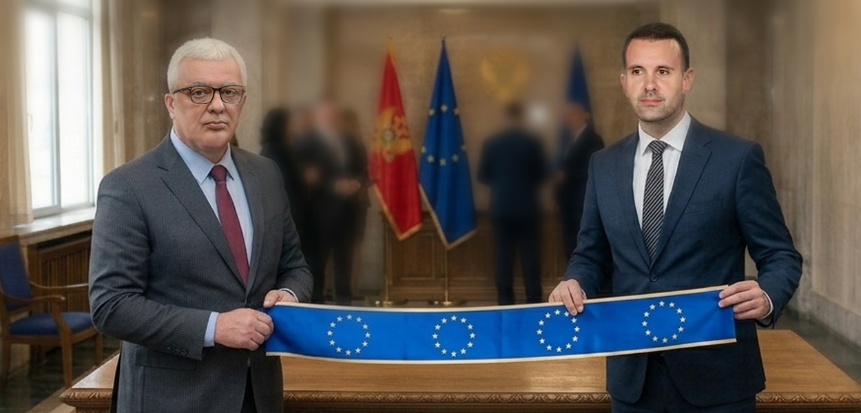 ILUSTRACIJA: Andrija Mandić i Milojko Spajić sa zastavom Evropske unije (Foto: TV E)