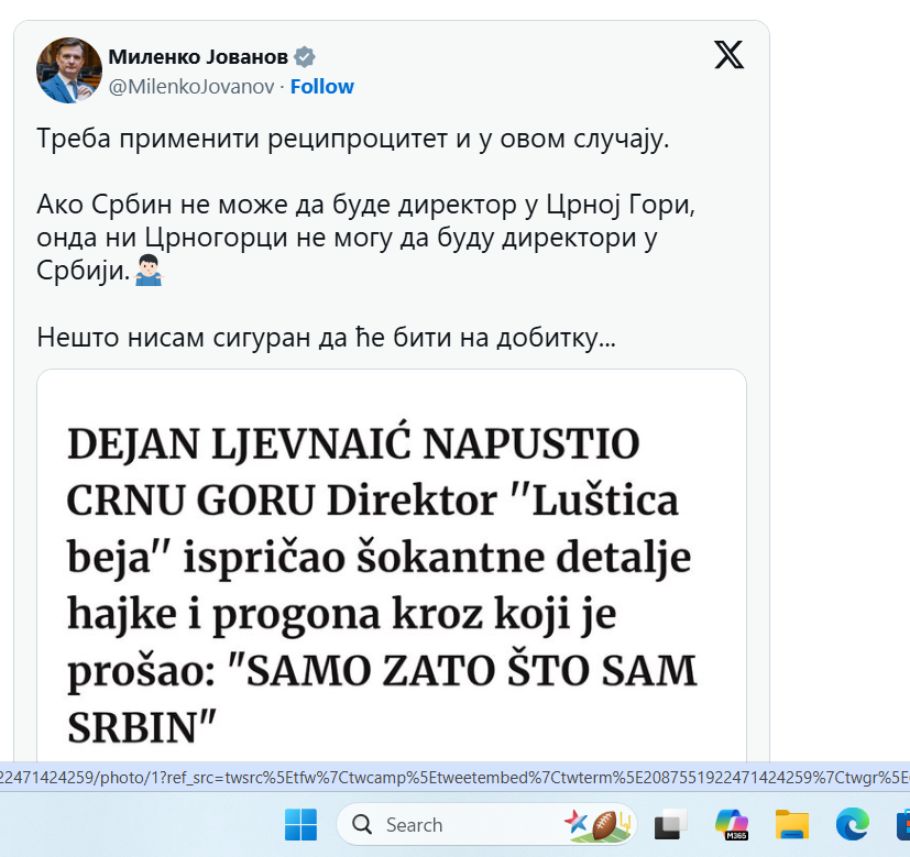 PRIJETNJE: Objava Milenka Jovanova