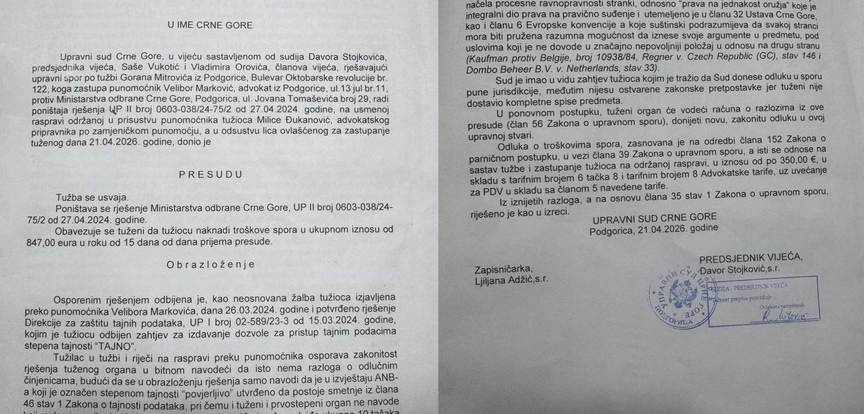 POTVRDA PRIČE SUSPENDOVANOG POLICAJCA MITROVIĆA: Presuda Upravnog suda (Foto: Portal ETV )