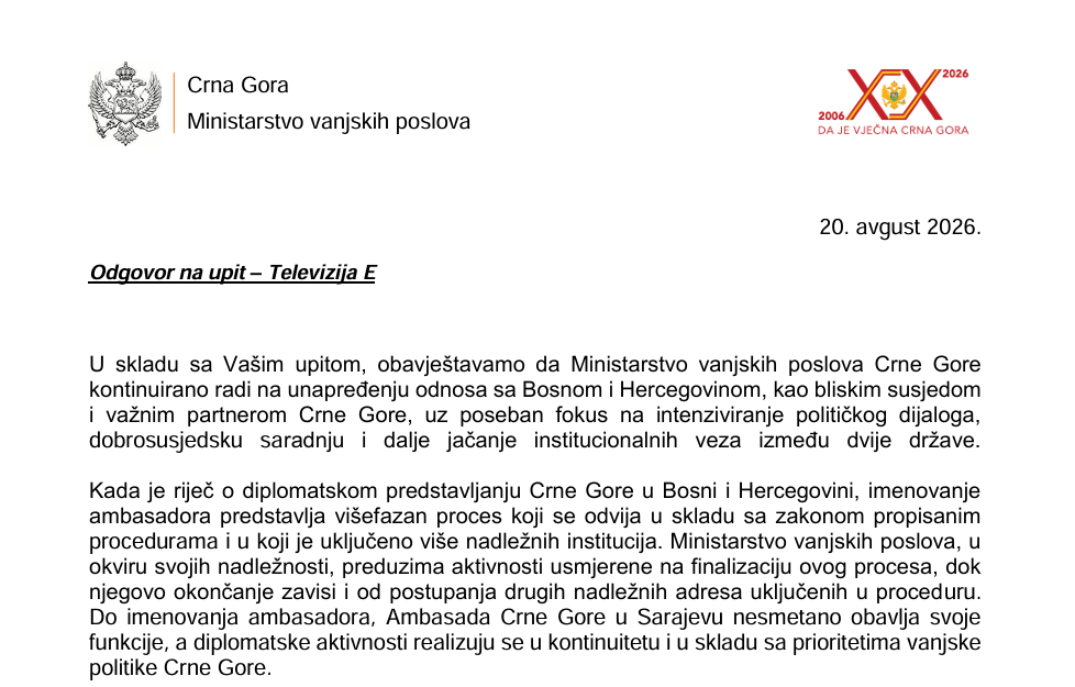 BEZ OBJAŠNJENJA: Odgovor MVP-a na upit ETV
