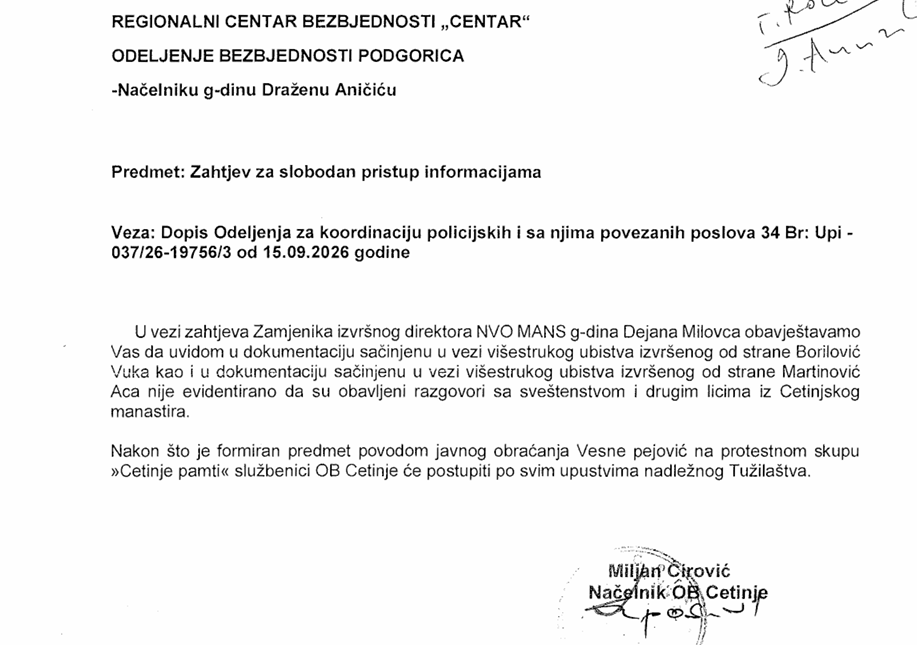 PISANI DOKAZ DA SVEŠTENICI NIJESU SASLUŠAVANI: Dopis MUP-a